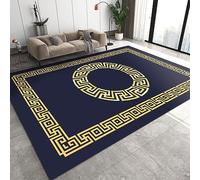 TEMLAN Tapis de Salon Clé Grecque en Or Bleu Foncé Facile à Nettoyer Tapis Art Géométrique Grec De Bohême pour Salon, Salle à Manger Chambre à Coucher, Doux et Confortable Antidérapant 160 x 230 cm