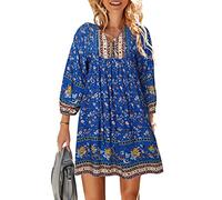 TEMOFON Mini robe bohème pour femme : robe d'été florale à manches longues 3/4 et col en V, robe de plage fluide et décontractée, 55-bleu roi, M