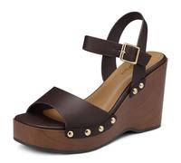 TEMOFON Sandales compensées habillées pour femme : bout ouvert carré avec sangle de cheville et plateforme - Sandales d'été cloutées confortables, 55-café, 38 EU
