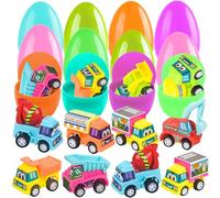 TEMOGU Lot de 12 œufs de Pâques en plastique pré-remplis de véhicules d'ingénierie à tirer, jouet pour la chasse aux œufs, panier de Pâques