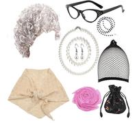 TEMOOUES Ensemble De Costumes Vieille Dame Perruques Grises Grand-mère Boucles D'oreilles En Perles Artificielles Lunettes Pour Femmes Accessoires Déguisement Pour Jeu Rôle