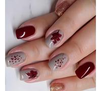 TEMOOUES Lot de 24 faux ongles courts à coller sur les ongles - Feuilles d'érable - Fournitures de manucure