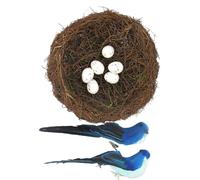 TEMOOUES Nid décoratif de Pâques avec motif en rotin fabriqué à la main et faux œufs d'oiseau pour les présentations saisonnières, les fêtes, les photos, les décorations de Pâques à l'aspect naturel