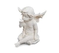 TEMPELWELT® Figurine d'ange décorative Ange Gardien Assis - 13 cm en Polystone Ange Blanc - Ange Enfant avec Geste de Baiser à la Main - Statue Ange décoratif - Figurine d'ange