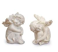 TEMPELWELT® Figurine d'ange décorative Ange Gardien Assis rêvant en Lot de 2-8 cm en polystone Blanc crème - Paire d'anges - Ange Enfants Figurine d'ange décoratif