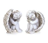 TEMPELWELT® Figurine d'ange décorative Ange Gardien Assis rêvant en Lot de 2-8 cm en polystone Blanc crème - Paire d'anges - Ange Enfants Figurine d'ange décoratif