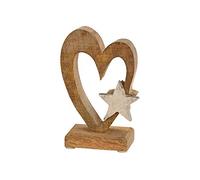 TEMPELWELT® Figurine décorative cœur 15 cm - Bois de manguier Massif Naturel avec étoile, Aluminium argenté - Affichage pour Printemps été Hiver décoration de Mariage