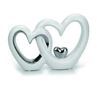 TEMPELWELT® Figurine décorative Double Coeur, 13 x 19 cm - céramique Blanc Argent Chrome - Paire de Coeurs entrelacés Figure décoratif pour fiançailles de Mariage