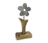 TEMPELWELT® Figurine décorative Fleur 22 cm - Métal Aluminium argenté avec Bois de manguier Massif Naturel - Affichage jardinière pour Printemps, Pâques, été