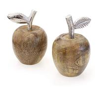 TEMPELWELT Lot de 2 Figurines décoratives Pomme 13 cm, Bois de manguier Naturel Marron Aluminium argenté, décoration d'automne Pomme Sauvage