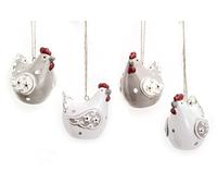 TEMPELWELT Lot de 4 pendentifs décoratifs en forme de poulet - 6 cm - En céramique gris blanc rouge - À suspendre
