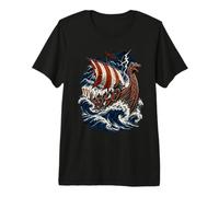 Tempête Drakkar Viking Proue Dragon Océan Bataille Art T-Shirt Haut de Gamme