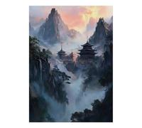 Temple Montagne Brume 1000pcs pour Adultes Mini Puzzle Difficile | 52x38cm Carton Décor Maison Coupe Précise Cadeau Anniversaire Détente