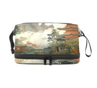 Temples in The Mountains Trousse à cosmétiques double couche pour femmes et filles, trousse de toilette de voyage, trousse de maquillage pratique avec compartiment à brosse, multicolore, 27x15x14