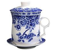 TEMPNAP Set de 4 Pièces Tasse à Thé en Céramique Bleue avec Infuseur et Soucoupe, Isolation Thermique, Style Traditionnel Chinois pour Dégustation de Thé