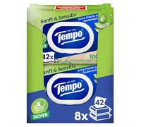 Tempo Lot de 16 paquets de 42 lingettes humides « Soft & Sensitive » - Papier toilette naturel à l'aloe vera - Testé dermatologiquement - pH neutre