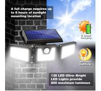 TEMPSA Lampe Solaire Applique Murale 128 LED Detecteur Mouvement Étanche Éclairage Extérieure Jardin 3 Têtes