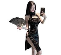 Temptshow Chemise de nuit sexy pour femme avec col montant imprimé creux et fente latérale, Noir 4, taille unique