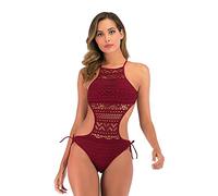 Temptshow Combinaison sexy en dentelle pour femme - Avec lacets - Marron - Taille S