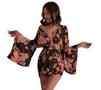 Temptshow Ensemble de lingerie kimono sexy pour femme avec sangle imprimée, chemise de nuit Yukata, noir, taille unique, Noir , Taille unique