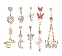TEN MIRO Piercing de nombril en acier inoxydable 316L avec pendentif en forme de serpent, mauvais œil, cœur et zircone cubique (papillon rose doré)