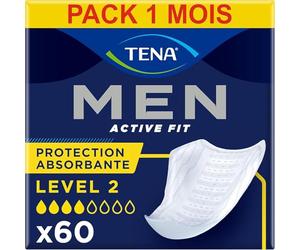 TENA Men Protections Absorbantes Niveau 2-60 Protections (Pack 1 Mois) | Incontinence Homme - Fuites Modérées - Forme Anatomique Masculine - Neutralise les odeurs sans parfum