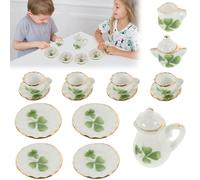 TenaLucy 15 Pièces Service à thé,Mini Service à Thé Set De Service à Thé Miniature Simulation Meubles Ensemble Décorations de NoëL,pour 1:12 Accessoires Maison de Poupée（Trèfle à Quatre Feuilles）