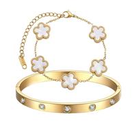 TenaLucy 2 Pièces Bracelet Trèfle À Cinq Feuilles,Ensemble de Bijoux Trèfle À Quatr, Feuilles bracelet trefle 4 feuilles Femme Bracelet Personnalisé pour Femme Apporte Plus de Chance (Blanc + Or)