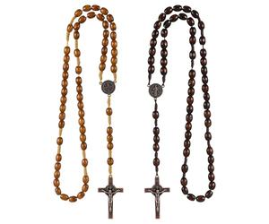 TenaLucy 2 Pièces Collier Chapelet Croix Catholique,Chapelet Catholique avec Croix Médaille Jésus Christ Saint Benoît Perles de Prière en Bois Naturel,pour Communion,Baptême,Messe