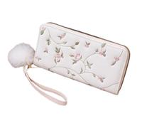 TenaLucy Fleuri Porte Carte Femme, Fermeture Eéclair Porte Monnaie, Broderie Portefeuilles et Porte-Cartes, Souple Petit Portes Monnaie Femme pour Permis de Conduire Cartes Pièces de Monnaies (Blanc)