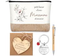 Tenare 6 Pièces Cadeaux pour Marraine Trousse de Maquillage Porte-Clés Stylo à Bille en Bois Plaque en Bois de Cœur avec Ficelle Enveloppe Cadeau Marraine pour Noël Anniversaire Baptême Communion