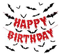 Tenare Bannière d'Halloween Happy Birthday et d'Anniversaire Sanglant d'Horreur Effrayante avec 36 Stickers Muraux Chauves-Souris Effrayantes en PVC 3D Thème Zombie Vampire