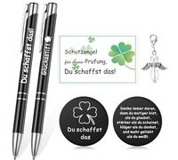 Tenare Set Cadeau d'Encouragement Stylo de Motivation Pendentif Ange Gardien Porte-Bonheur Feuille de Trèfle Du Schaffst Das Sac en Organza Cadeau pour Ami Collègue Examen (Noir, Noir)