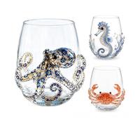 Tencipeda Blue Ringed Octopus Glassware, 3D Octopus Stemless Wine Glass, Marine Animal Drinkware For Coastal Home Bar Decor (3 Pcs)
