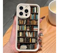 Tencipeda Cartoon Bookshelf Pattern TPU Phone Case, Shockproof Soft Vintage Bookcase-Style Phone Case for Iphone 11/12/13/14/15/16 Pro Max Series (for iPhone 13 promax,White)