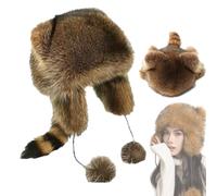 Tencipeda Windproof Racoon Coonskin Plush Hat, Adjustable Winter Warm Cute Raccoons Plush Hats, Both Men and Women (Brown,m)