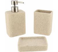 Tendance Accessoires de salle de bains Set de 3 pièces Distributeur de savon Porte-savon Gobelet pour dentifrice beige Polyrésine 8,8x6x17 cm