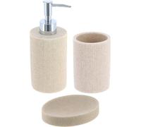 Tendance Accessoires de salle de bains Set de 3 pièces Distributeur de savon Porte-savon Gobelet pour dentifrice beige Polyrésine 7,3x7,3x17 cm