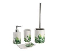 Tendance Accessoires de salle de bains Set de 4 pièces Distributeur de savon Porte-savon Brosse à dents Brosse à toilettes blanc vert Dolomite 7,4x7,4x17,5 cm
