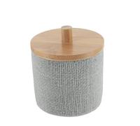 TENDANCE Boite à Coton et Cotons-tiges en résine Gris Aspect Maille avec Couvercle en Bambou