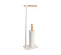 Tendance Brosse WC avec support et dérouleur papier toilette – métal blanc et bambou H 69,5 cm