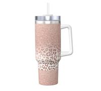 Tendance faux rose doré pailleté ombré léopard,Gobelet isotherme Ice Bully de 40 oz avec poignée, couvercle et paille, en acier inoxydable, pour voiture ou café.