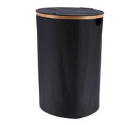 Tendance - Paniere a linge ronde pliable avec couvercle polyester cerclage bambou - noir/bambou