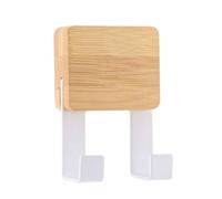 TENDANCE - Patère Crochet Double avec Base en Bambou - Blanc/Bambou - Salle de Bain - Accessoire Utilitaire