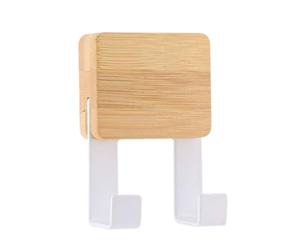 TENDANCE - Patère Crochet Double avec Base en Bambou - Blanc/Bambou - Salle de Bain - Accessoire Utilitaire