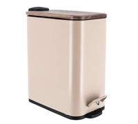 Tendance - Poubelle metal rectangulaire 5l frein de chute couvercle en acacia pedale metal - beige