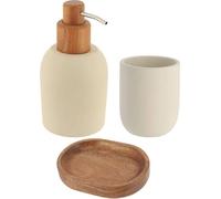 Tendance Set d'accessoires de salle de bain 3 pièces distributeur de savon porte-savon gobelet pour dentifrice beige brun ciment bois 8x8x16 cm