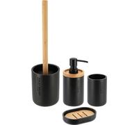 Tendance Set d'accessoires de salle de bain 4 pièces Distributeur de savon Porte-savon Gobelet pour brosse à dents Brosse à WC noire Polyrésine Bambou 7,5x7,5x17 cm
