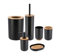 Tendance Set d'accessoires de salle de bain 6 pièces Distributeur de savon Porte-savon Gobelet pour brosse à dents Brosse à WC Poubelle noire Plastique Bambou 7,2x7,2x16 cm