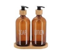Tendance - Set de 3 accessoires comprenant 2 distributeurs en verre 500 ml et 1 plateau bambou - ambre translucide